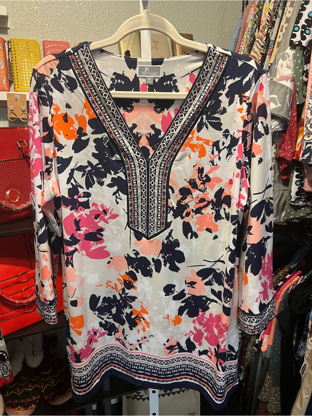 JM Collection Navy Pink Orange Floral Embroidered V-Neck Tunic